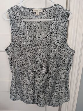 Coldwater Creek Black & Gray Sleeveless V-Neck Ruffle Front Blouse XL/16